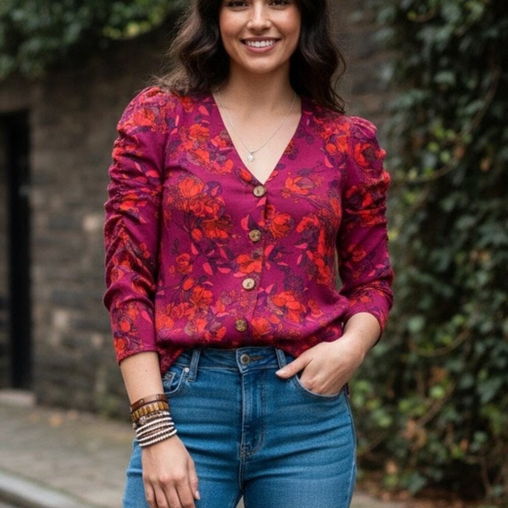 Maeve Anthropologie Vibrant Floral V-Neck Ruched Sleeve Top